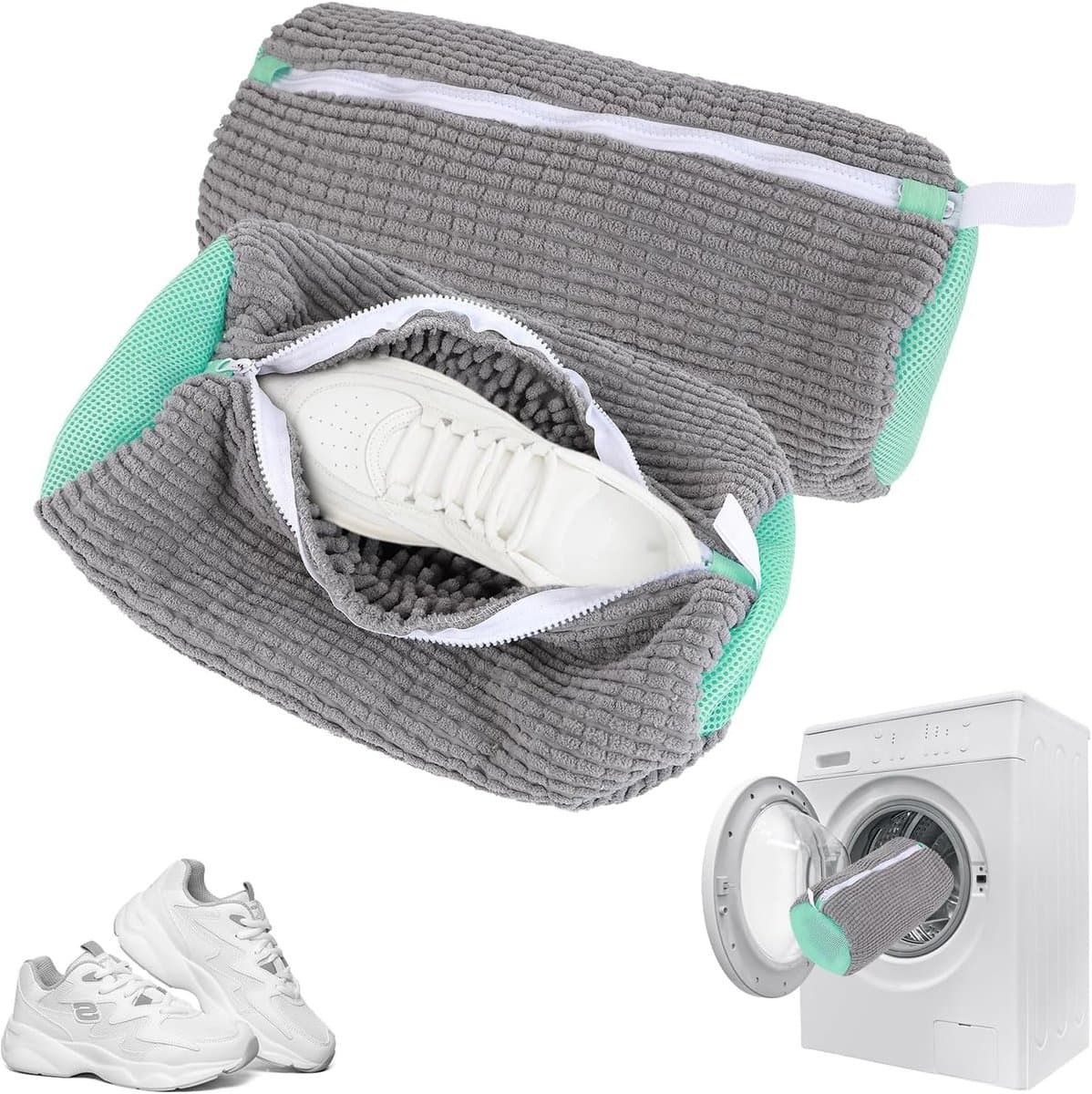 Set van 2 waszakken voor schoenen, optimale bescherming en reiniging, 360° schoonmaak voor alle soorten schoenen, met pluisfilter (grijs) — afbeelding 1