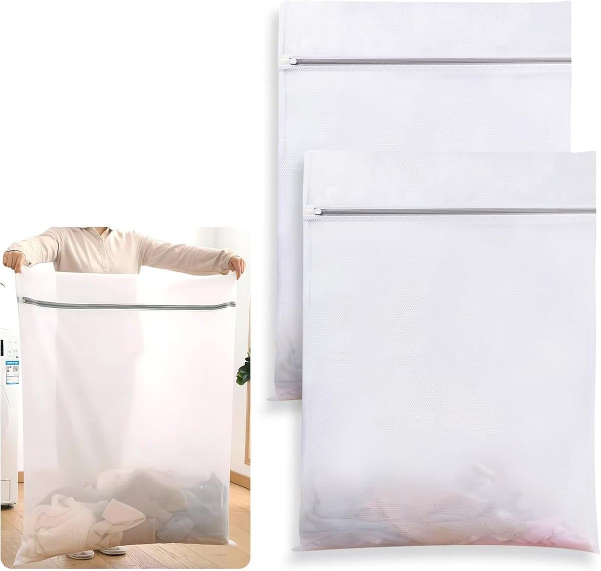 Grote herbruikbare mesh waszakken met ritsen, 80 x 60 cm, ideaal voor delicate was, jassen en lingerie, perfect voor reizen en organisatie — afbeelding 1