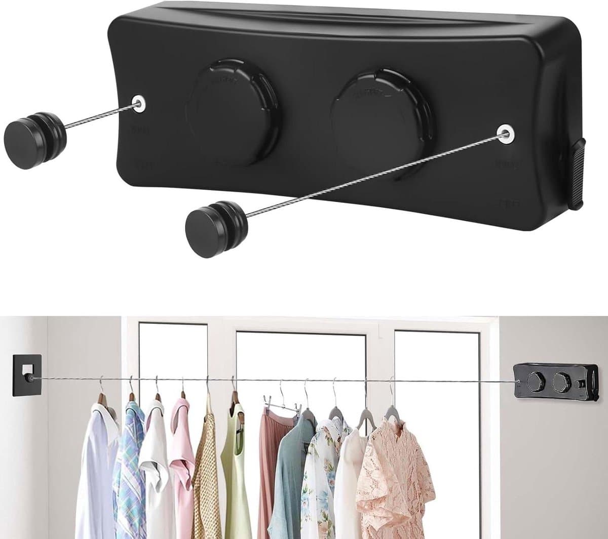 Intrekbare Waslijn - Wand Wasrek - Kleding Drogen - Dubbele Onzichtbare Lijn - 2 x 51 M - Zwart — afbeelding 1