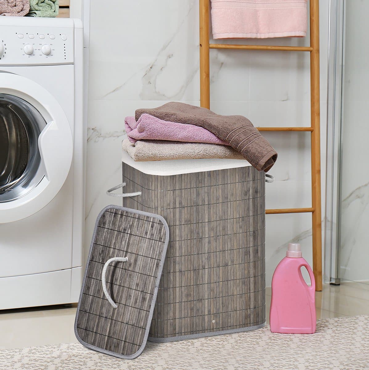 MEUNIQ Wasmand 83L van bamboe met deksel, uitneembare waszak en handgrepen, opvouwbare smalle wasbox 43 x 32 x 61 cm voor badkamer, slaapkamer of wasruimte, grijs — afbeelding 1