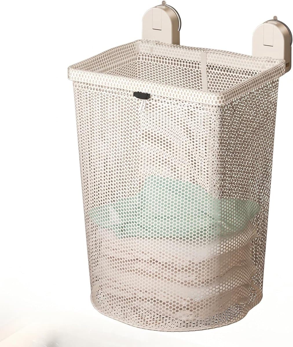 Ulisem - Zuignap wasmand - 2026 nieuw wit voor student en badkamer - Wandmontage zonder boren - Sterke zuignap voor glas en tegels - Afneembare mesh waszak - Ademend gaas voorkomt geurtjes - Incl ophanghaak - Eenvoudig te monteren - Wit — afbeelding 1