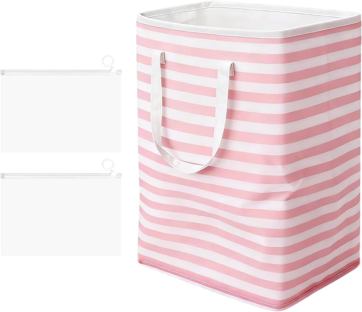 SnelShoppen - Vouwbare Wasmand 75 Liter met Roze Strepen, 2 Ritsen, Handvat, Grote Opbergmand voor Kleding, Speelgoed, Badkamer, Slaapkamer, Studenten — afbeelding 1