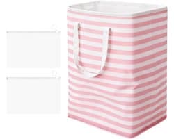 SnelShoppen - Vouwbare Wasmand 75 Liter met Roze Strepen, 2 Ritsen, Handvat, Grote Opbergmand voor Kleding, Speelgoed, Badkamer, Slaapkamer, Studenten