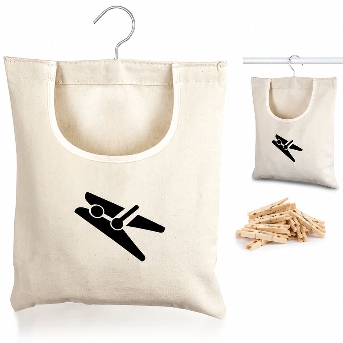 VHV - Wasknijperzak met RVS haak - Canvas opbergtas 30 x 26 cm voor circa 100 wasknijpers - Zwart - Voor binnen en buiten — afbeelding 1