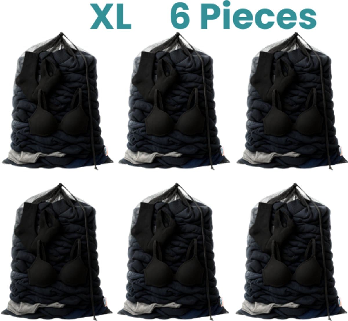 NORDIX Waszak Groot XL - 60x90CM - Waszakken - 6 Stuks - Laundry Bag - Wasnet - Waszakje - Treksysteem - Trekbandsluiting - Polyester - Schoenenzak - BLACK — afbeelding 1
