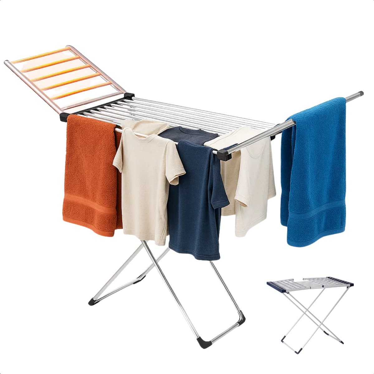 Cheqo® Elektrisch Droogrek - Verwarmd Droogrek - Inklapbaar Wasrek - 12 Meter Droogruimte - 230W Vermogen - Aluminium Materiaal - IPX1 Waterbestendig - Instelbare Temperatuur - 45-55 Graden Celsius - 20 Verwarmde Stangen - Compact Formaat — afbeelding 1