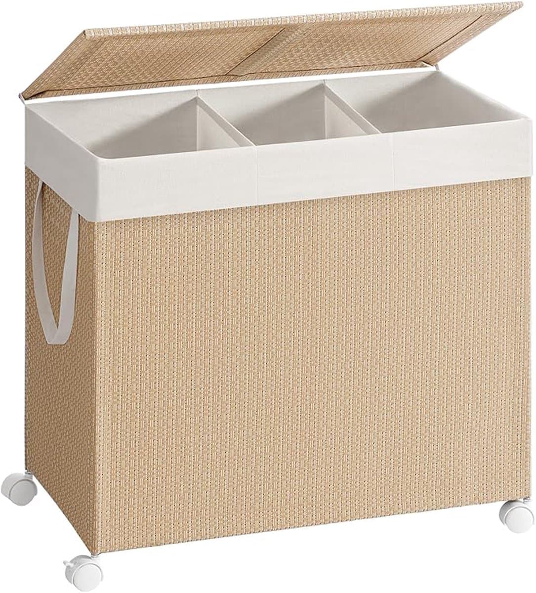 Waskorf, vuilewasmand met 3 vakken, waszak, handvat, deksel en wielen, 150 liter grote opslagcapaciteit, geschikt voor wasruimte, badkamer en slaapkamer, 66.5 x 37.5 x 65 cm, naturel. — afbeelding 1
