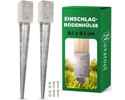 Novatool 2x Grondhulsset 91x91x750 mm, Grondhuls Parasolpaalsteunen Hekpaal Houten paal Grondhulzen Inslaghuls Grondanker Grondpen voor inslaan, Verzinkt, met schroeven