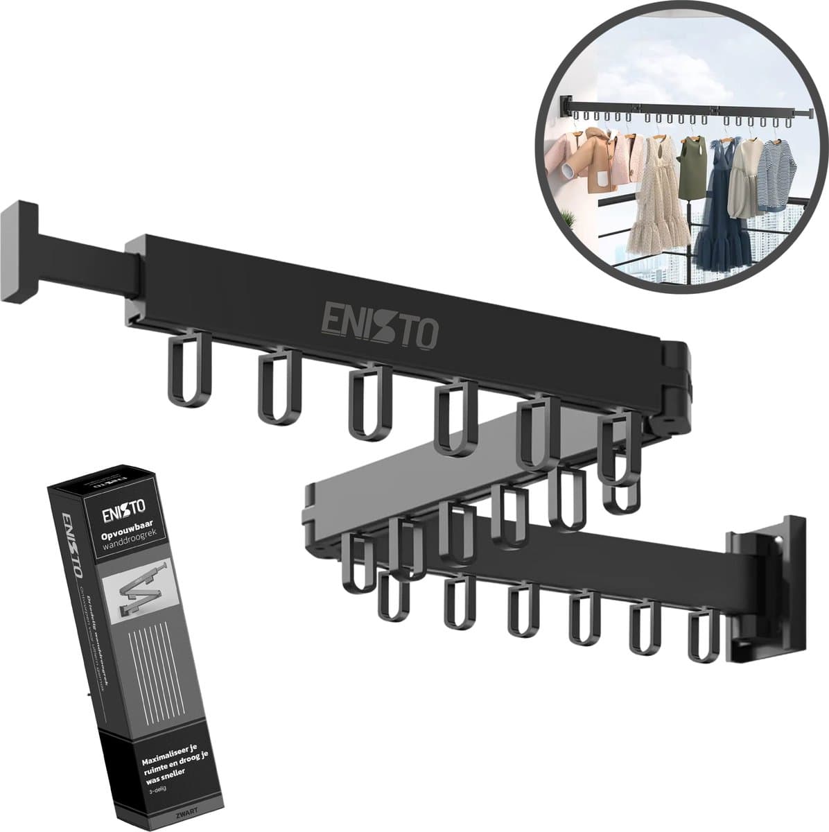 ENISTO® Wanddroogrek - Inklapbaar Wasrek - Droogrek Hangend - Zwart - Met of Zonder Boren - Uittrekbaar - Ruimtebesparend — afbeelding 1