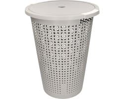 Wasmand met deksel - grijs - 35 liter - 40 x 52 cm - kunststof - rond - wasbox - mand voor wasgoed
