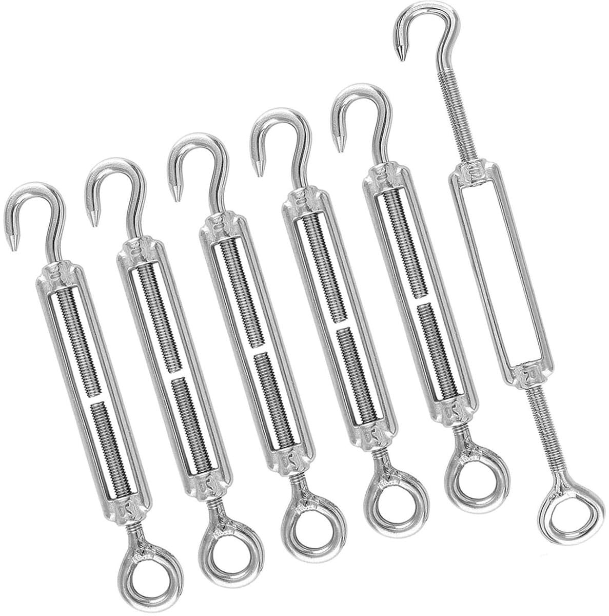 Allecto Plus - Draaibare kabelspanner M6 OC 304 roestvrij staal - Verstelbare draaihaak-oogset - 6-delig - Spanhaak voor luifel touw - Waslijn spannen - Zilver - Heavy duty — afbeelding 1
