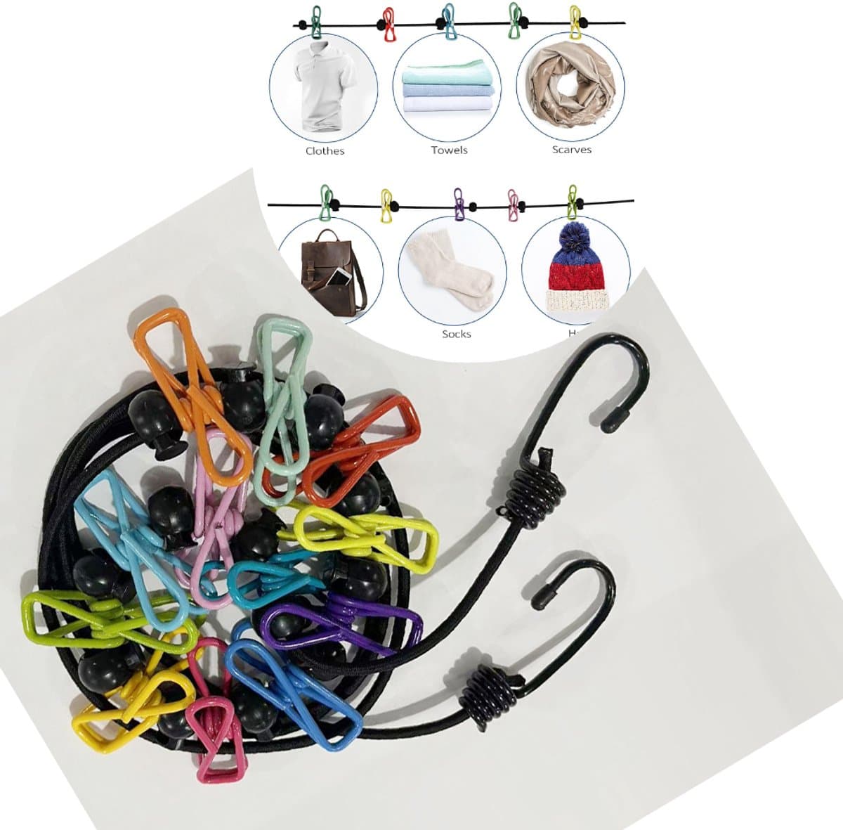 Draagbare kampeer waslijn - Met 12 wasknijpers - Elastische waslijn - Winddichte hanger voor buiten kamperen - Kampeerwaslijn - kampeeraccessoires - Zwart — afbeelding 1