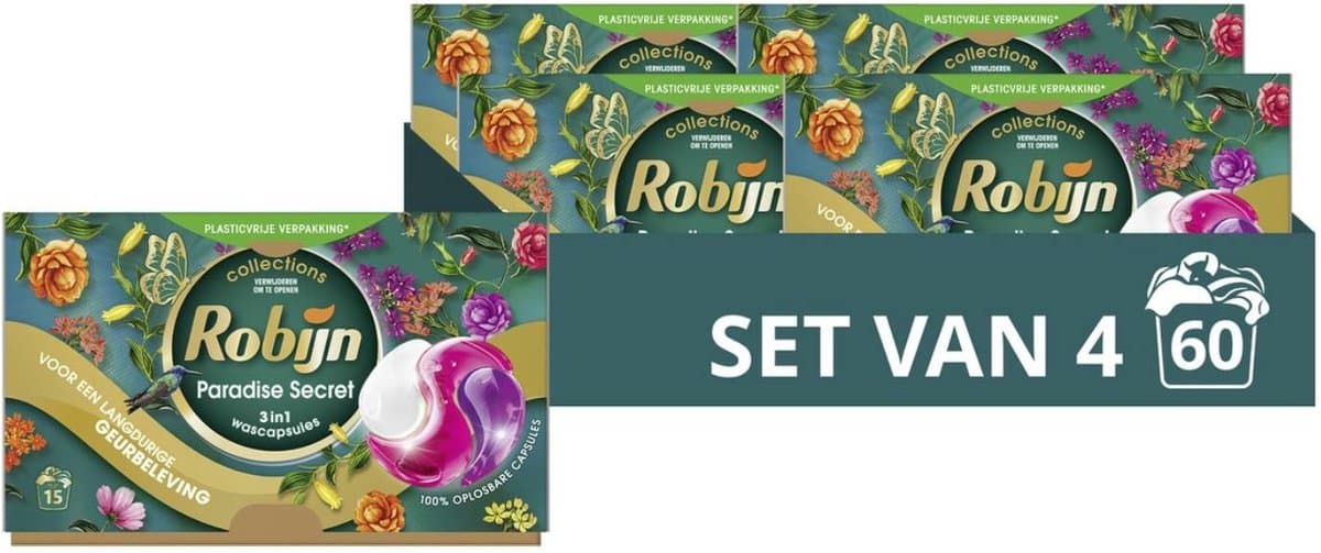 Robijn Paradise Secret 3 in 1 Wascapsules - 4 x 15 wasbeurten - Voordeelverpakking — afbeelding 1