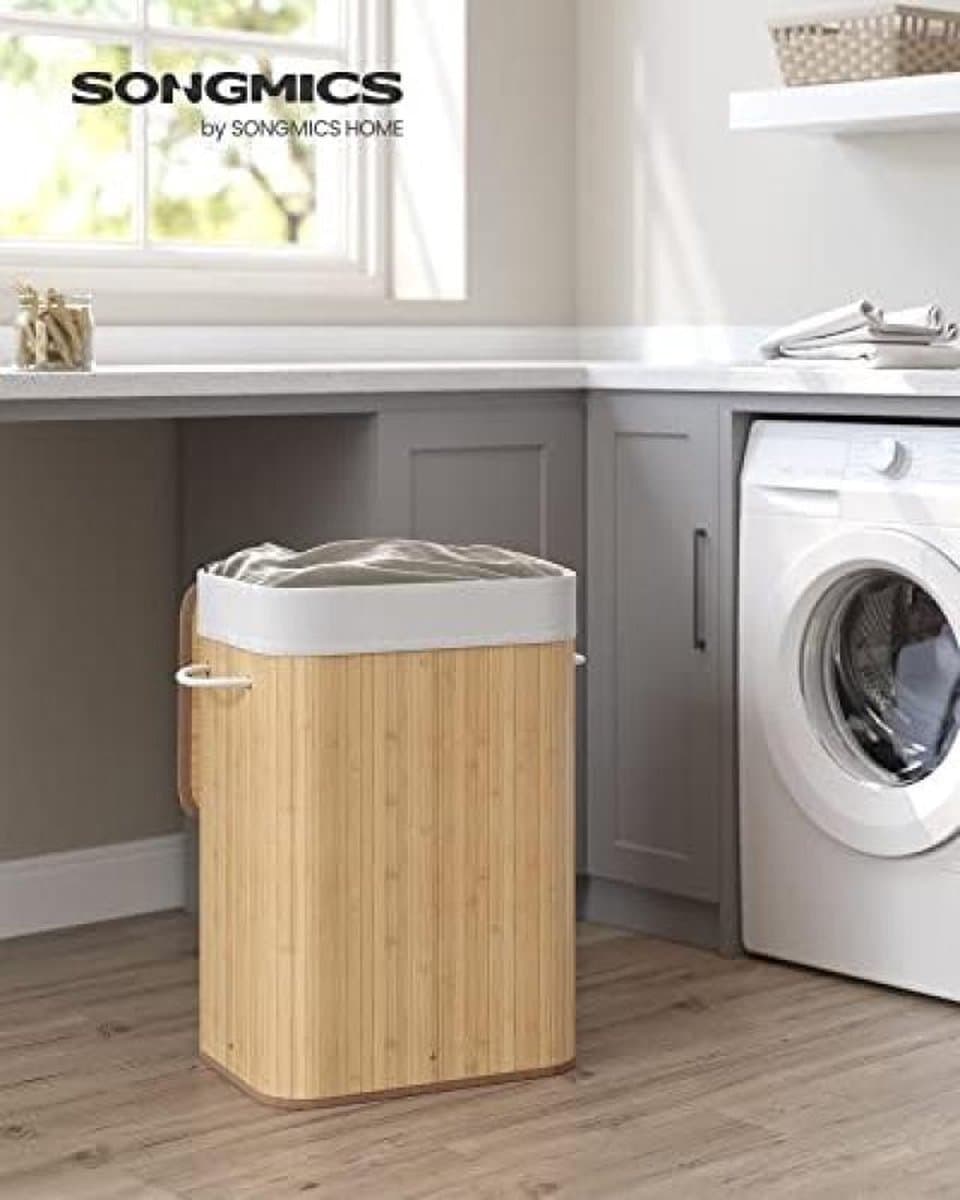 SONGMICS Bamboe Opvouwbare Wasmand met Deksel - 72 L - Beige LCB10Y — afbeelding 1