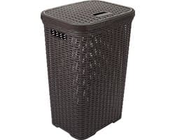 Hega Hogar Wasmand met deksel Rotan - donkerbruin - gevlochten kunststof - 60 liter - 34 x 43 x 62 cm