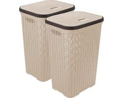 Hega Hogar Wasmand met deksel Rotan - 2x - beige - gevlochten kunststof - 60 liter - 34 x 43 x 62 cm — afbeelding 1