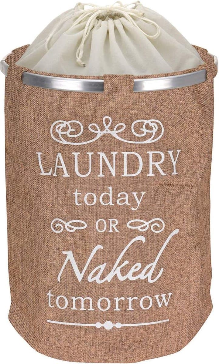 Ronde Wasmand met deksel- 50 L - Tekst LAUNDRY TODAY OR NAKED TOMORROW - Badkamer wasmand afsluitbaar - Waszak - Beige — afbeelding 1