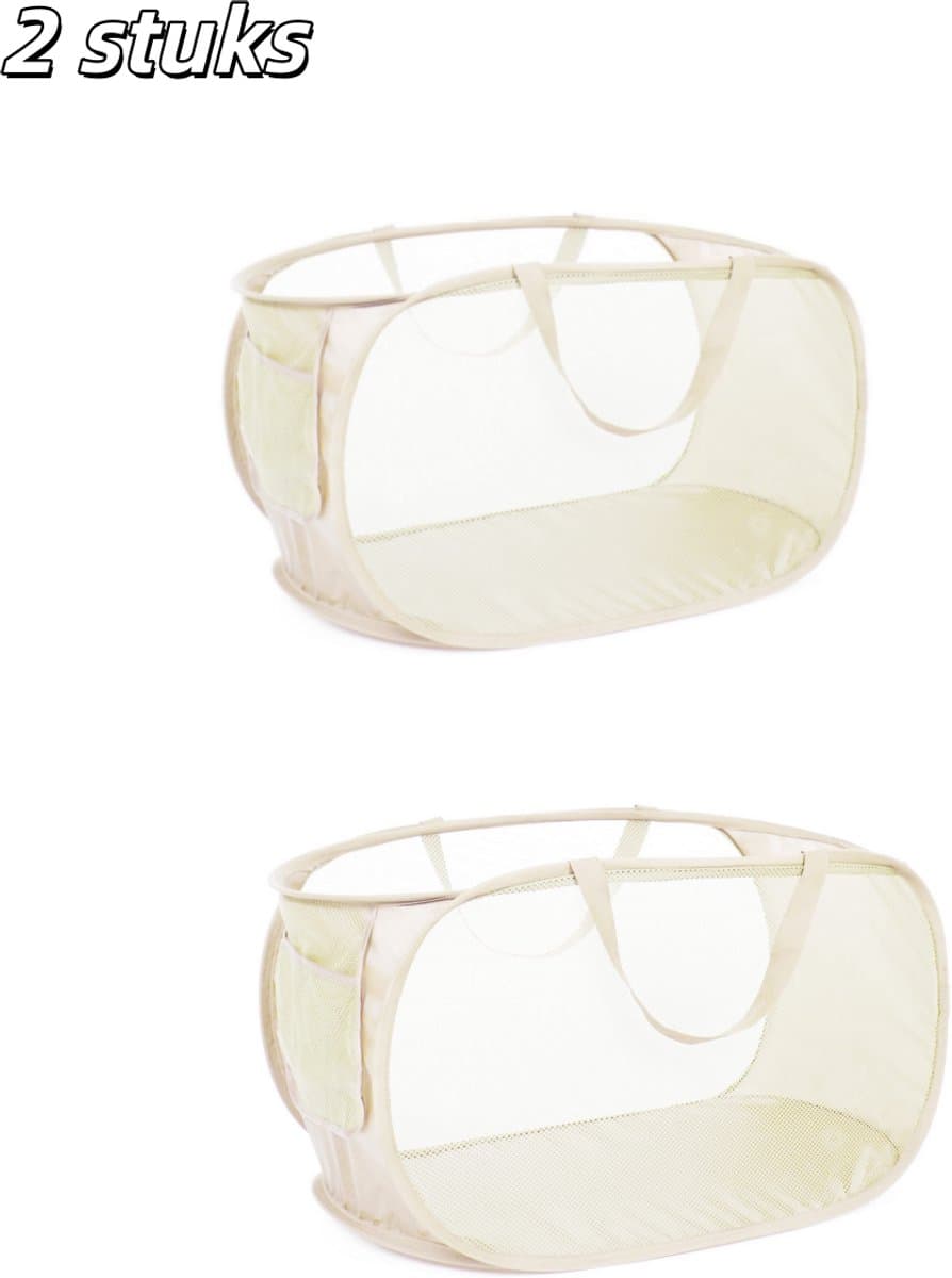 2 stuks - Wasmand - Gaas, opvouwbaar - Met zijvakken - Met verstevigde handvatten - Geschikt voor was, badkamer, kinderkamer, slaapzaal, reizen - Beige — afbeelding 1