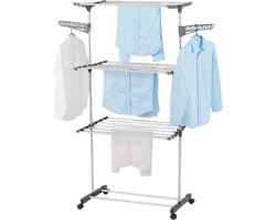 Lomera Inklapbaar Droogrek - Droogtoren Wit - 3 Niveaus - Verrijdbaar Droogrek - Met Zwenkwielen - Ruimtebesparend Wasrek - Droogrek Met Zijvleugels - Stabiel En Stevig - Metaal En Kunststof - Compact Ontwerp