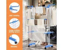 3-Laags Wasdroogrek met Verstelbare Stangen en Wielen – Opvouwbaar Droogrek met Hangers – Geschikt voor Binnen & Buiten — afbeelding 1