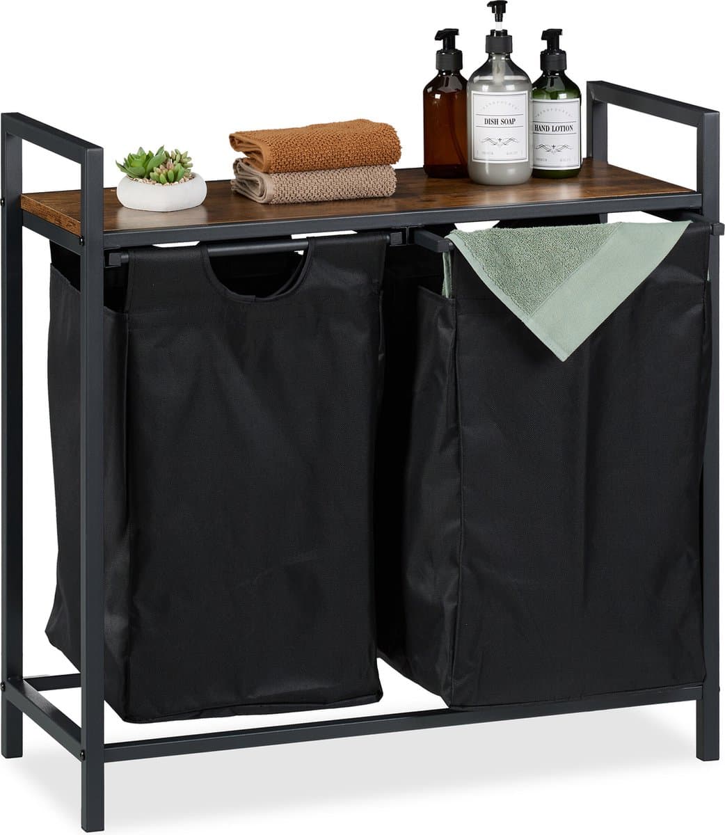 dubbele wasmand - op poten - 72 x 73 x 33 cm - met plank - 2 uitschuifbare vakken - industrieel — afbeelding 1