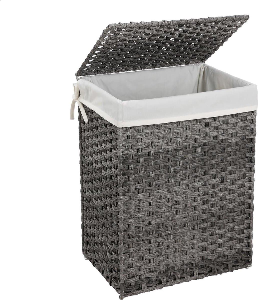 Hoppa! Wasmand Handgeweven | 90 L | Synthetische Rotan Wasmand | Met Deksel en Handvatten | Opvouwbaar | Waszak Afneembaar | Grijs — afbeelding 1