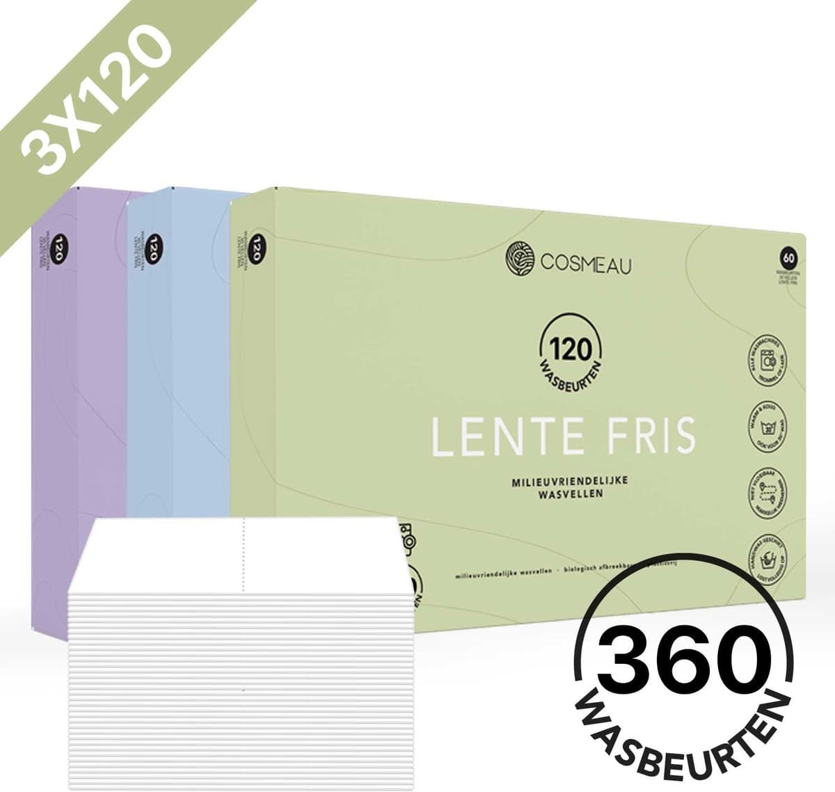 Cosmeau G5 Proefpakket 3x120 Wasstrips - 360 Wasbeurten - Lentefris Lavendel Zeebries - Wasmiddel Voordeelverpakking - Wasvellen - Wasdoekjes - Detergent Sheets — afbeelding 1