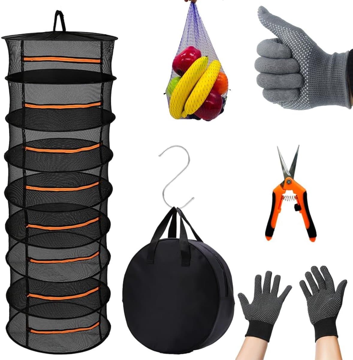 Droogrek Net 8 Lagen 17 M - Opknoping Droogrek Net Plant Met Haak - Knop Trimmen Schaar - Opbergtas en Handschoenen - Voor het Drogen van Zaden Kruiden Fruit — afbeelding 1