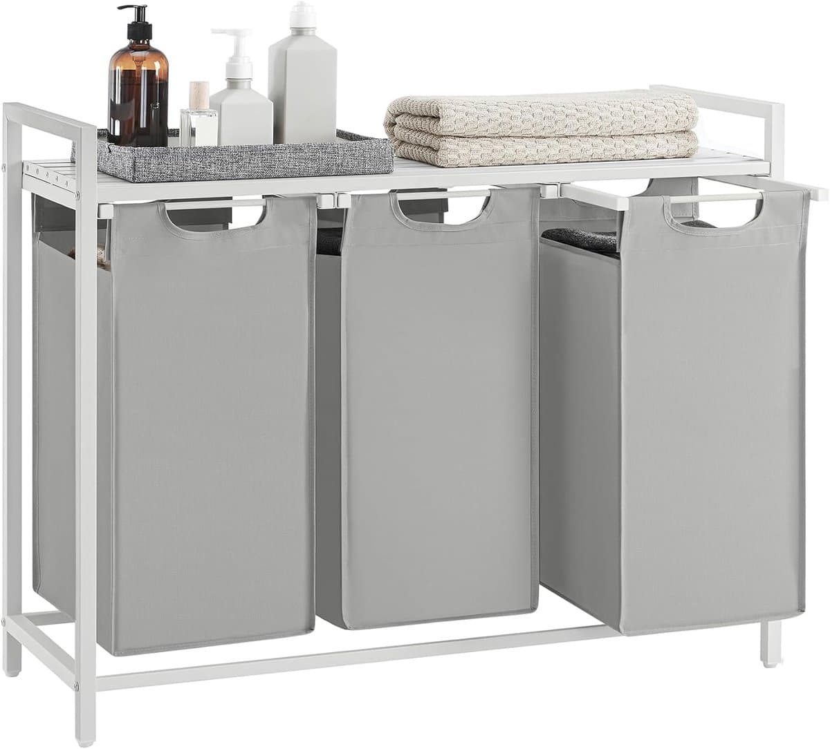 VASAGLE Wasmand 3 vakken, wasmand met plank, wasbox, waszak van uittrekbaar verwijderbare Oxford-stof, metalen frame, 3 x 38 L, 92,5 x 33 x 72 cm, duifgrijs — afbeelding 1