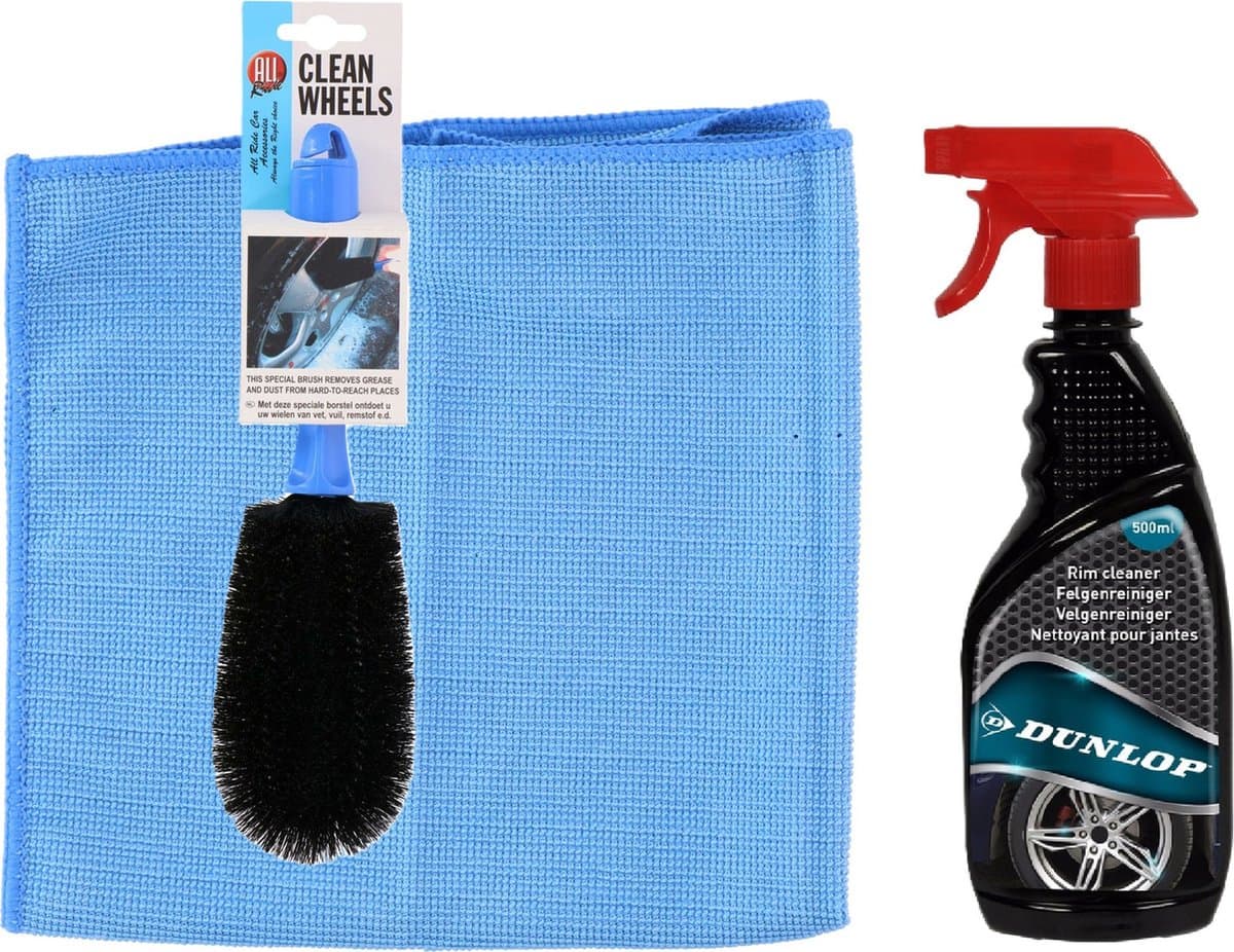 Dunlop auto velgen schoonmaken setje - borstel/schoonmaak spray/microvezeldoek - velgenreiniger pakket - auto en fiets — afbeelding 1