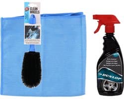 Dunlop auto velgen schoonmaken setje - borstel/schoonmaak spray/microvezeldoek - velgenreiniger pakket - auto en fiets