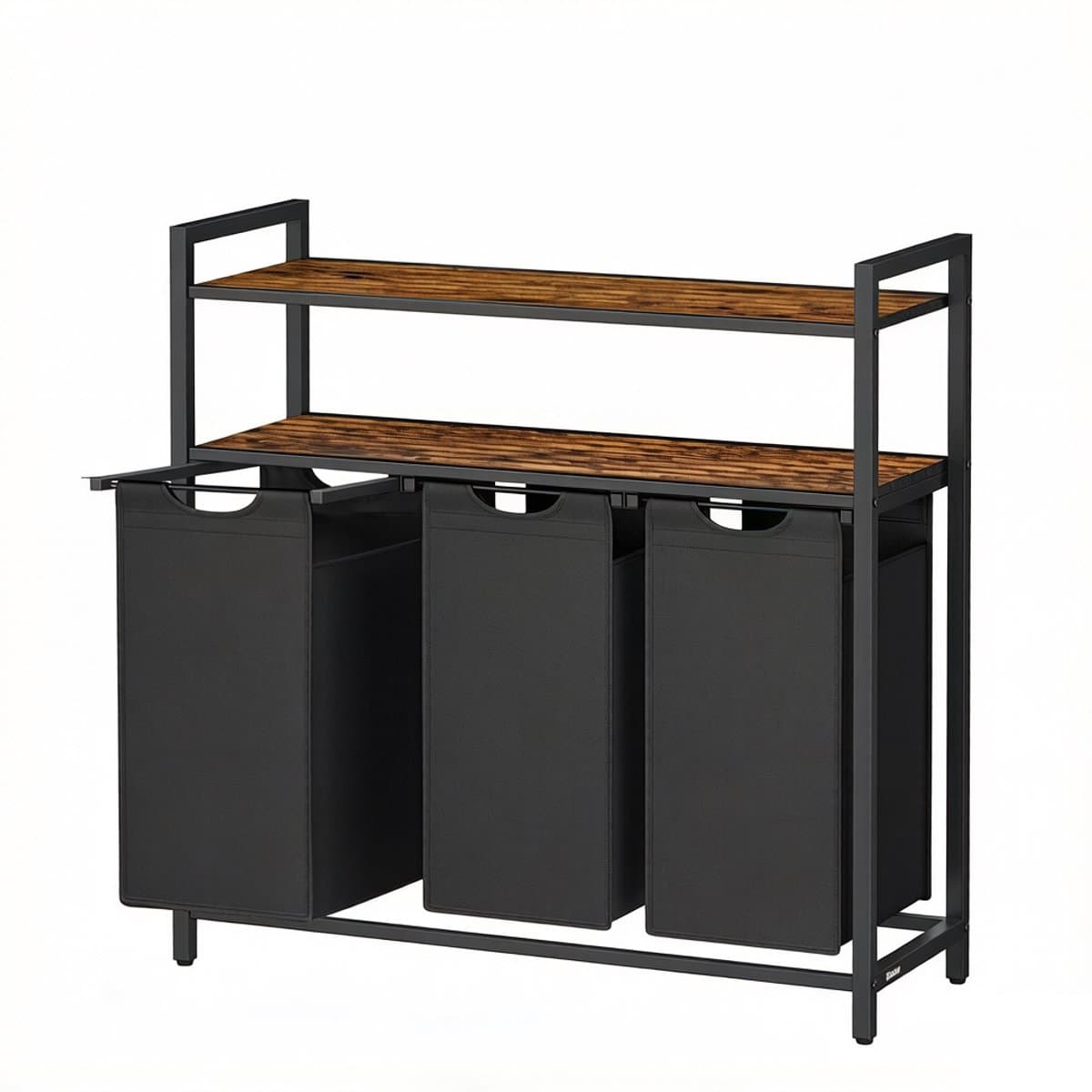 Wasmand 3-vaks kledingopslagrek met 3 uitneembare en afneembare 40L binnenzakken en 2-laags opbergplanken eenvoudig te monteren en te reinigen stevig en duurzaam metalen frame geschikt voor badkamer en wasruimte 92.5 x 33 x 92 cm bruin + zwart — afbeelding 1