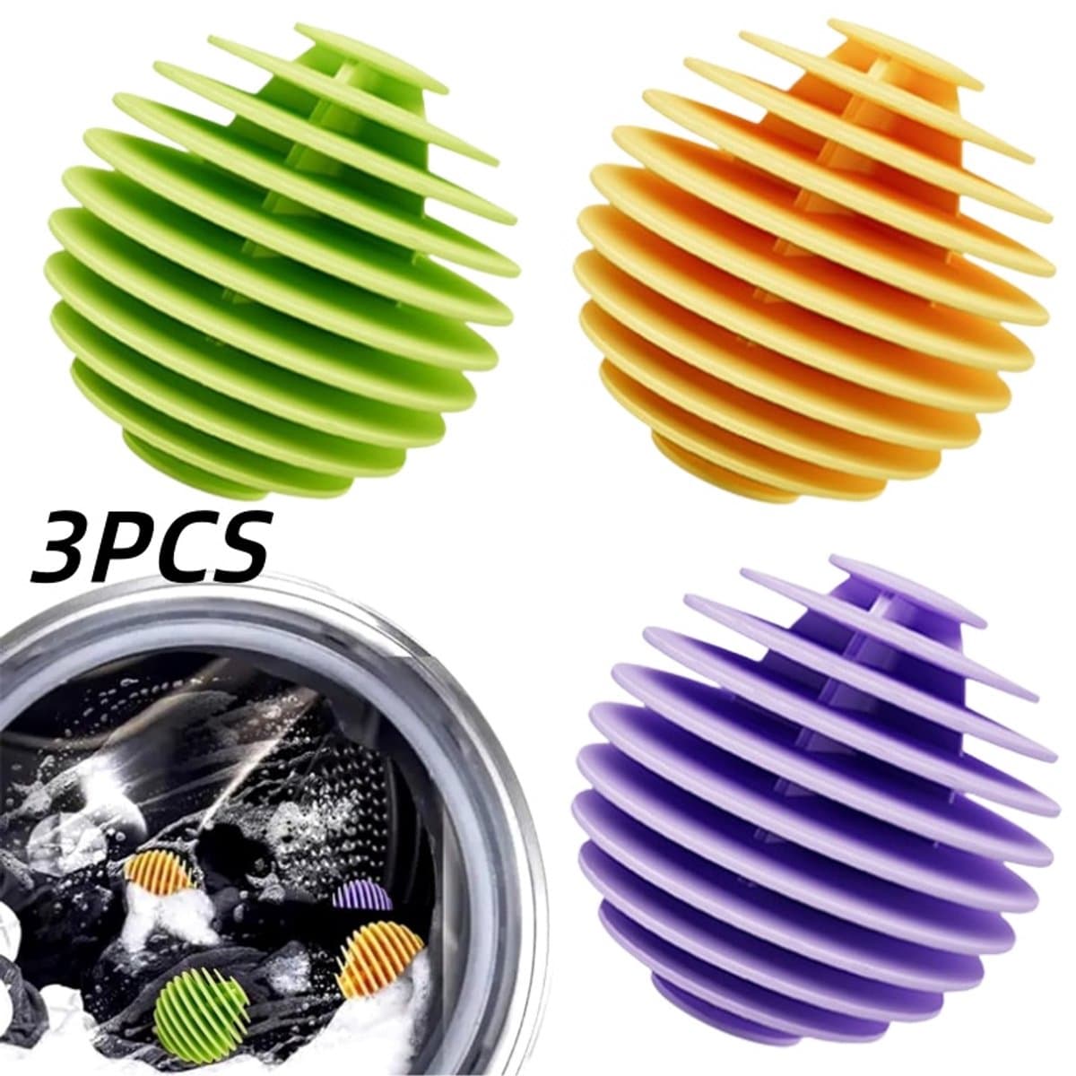 3 stuks-Wasballen - Droogballen - Wasverzorgingsballen - Anti-klit - Wasaccessoires - Geschikt voor het reinigen van kleding, dekens en lakens - Groen - Geel - Paars - 5,2*5,2 cm — afbeelding 1
