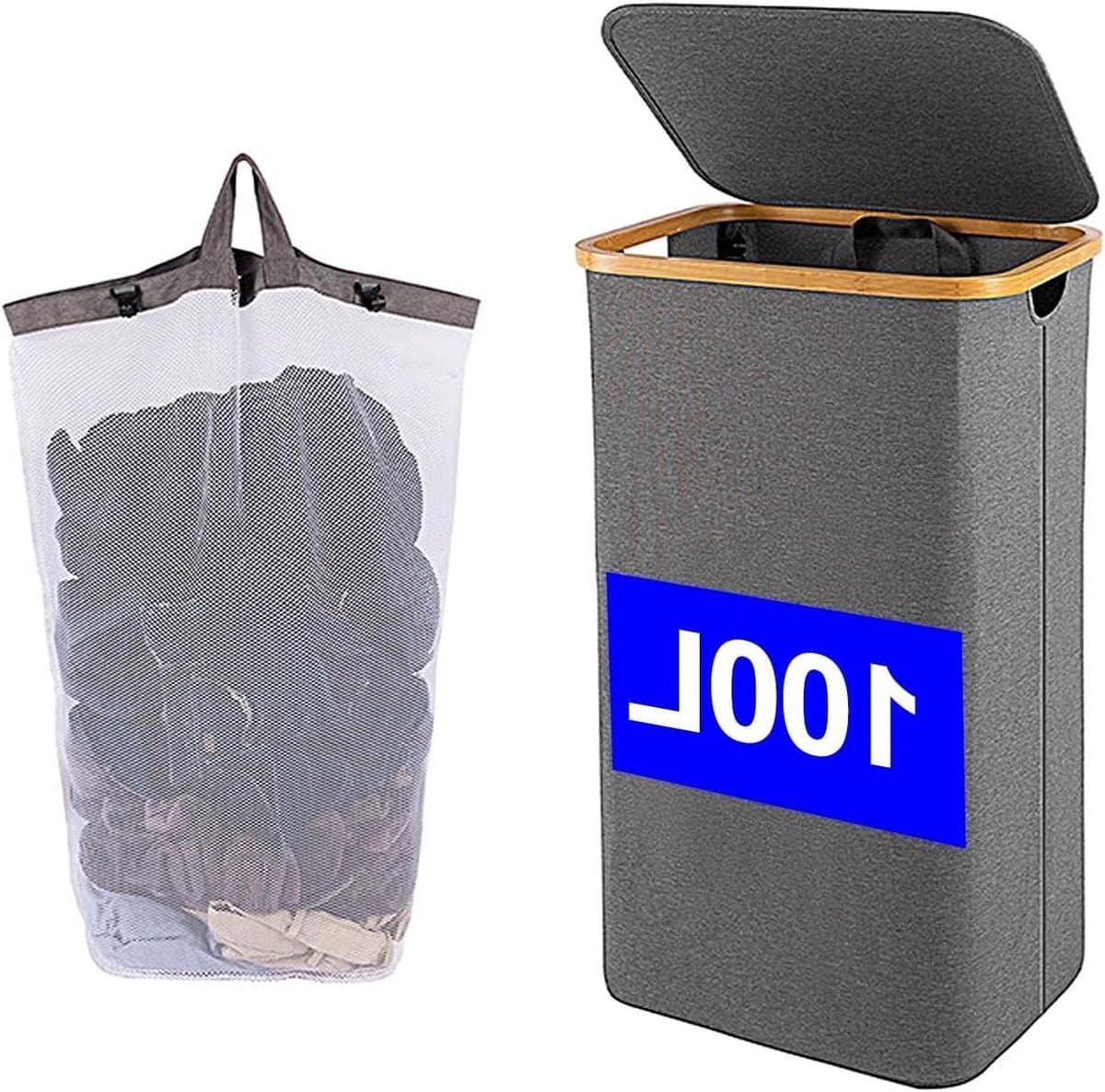 Wasmand met Deksel - Smalle mand - Kleding Opbergen - Verwijderbare Binnenzak - 100 Liter - Grijs — afbeelding 1