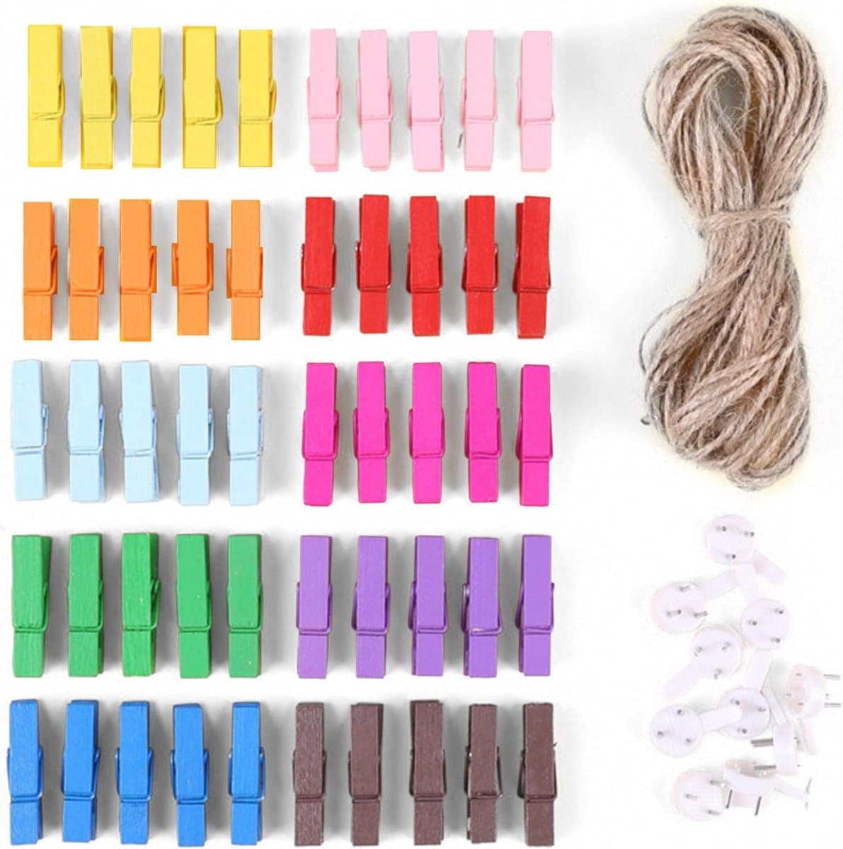 Houten Was Knijpers - Kleurrijke Clips - Knutselen en Decoratie - Met Jute Touw - 50 Stuks - Gemengde Kleuren — afbeelding 1