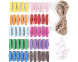 Houten Was Knijpers - Kleurrijke Clips - Knutselen en Decoratie - Met Jute Touw - 50 Stuks - Gemengde Kleuren