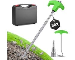 Set 30 groen/zilveren 25cm campingtentpinnen in doos – inclusief boor en trekker voor gras en vaste ondergronden
