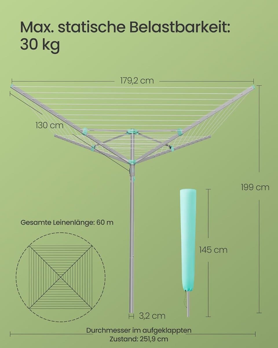 SONGMICS wasspin, wasrek, draaibar, opvouwbaar, buiten, tuin, met wasklemmen, beschermhoes, zilver, 60 m waslijn, voor 6 wasbeurten LLR308EZ01 — afbeelding 1