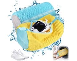 Schoenenwaszak voor de Wasmachine, Geschikt voor Sportschoenen en Tennisschoenen, Met Rits en Kleurcombinaties (Geel + Blauw)