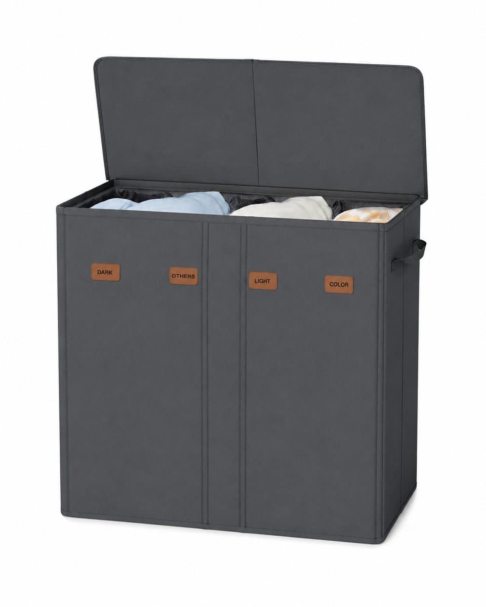 CYRO - Wasmand - Wasmand 4 Vakken - Wasmand met Deksel - Wasmanden - Wasbare Binnenzak - 210L inhoud - 84x33x75 cm - Donkergrijs — afbeelding 1