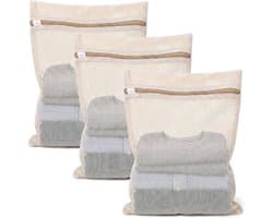 3 Stuks Katoenen Mesh Waszakken met Stevige Rits - 39x30 cm - Voor Delicaat Wasgoed