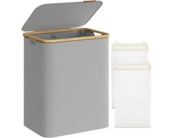 SONGMICS Wasmand met 2 vakken, 130 l, wasverzamelaar met deksel, opvouwbaar, uitneembare waszak, Oxford-weefsel, handgrepen van bamboe, inklapbaar, 52 x 38,5 x 70,5 cm, duifgrijs LCB513G01