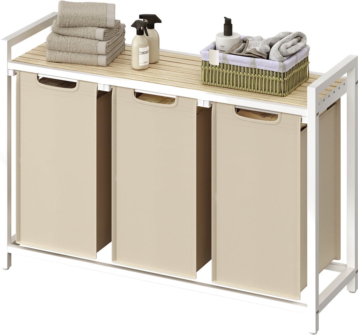 VASAGLE BLH301LH01 - Wasmand met 3 Vakken - Uittrekbare en Afneembare Waszak - Met Opbergrek — afbeelding 1