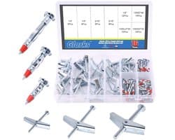 Glarks 76Pcs Toggle Bolt and Hollow Wall Drive Anchors Kit, 1/8" 3/16" 1/4" Round Head Toggle Bolts and 1/8'' 35/46/59mm Molly Bolt Drive Hollow Drive Wall Anchor Assortment Set