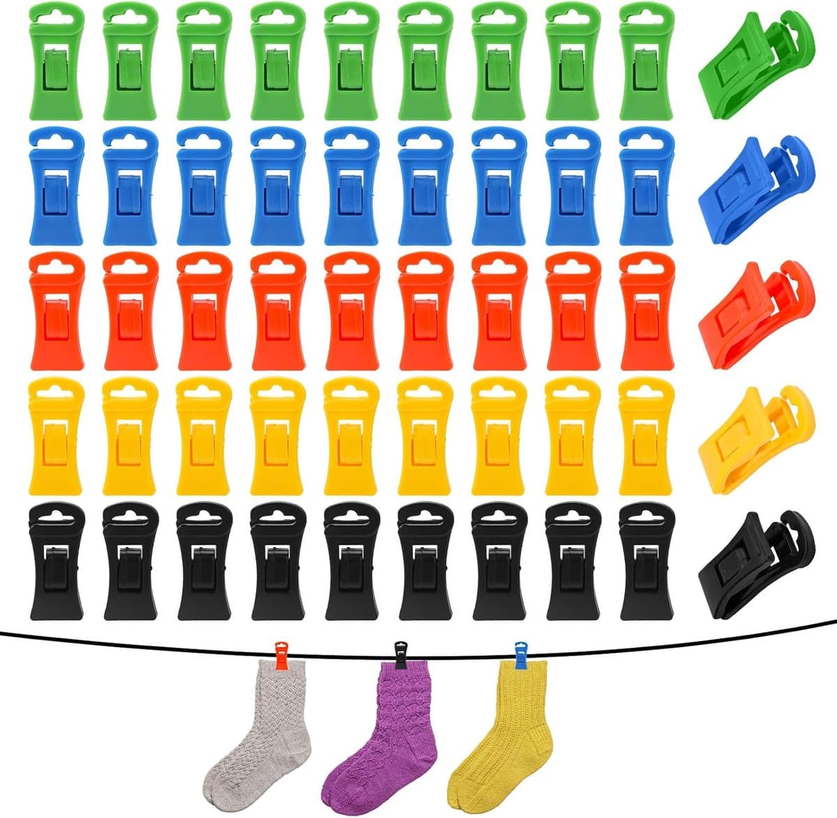 50 stuks - Sokkenklemmen voor wasgoed - Antislip wasknijpers - Waslijnknijpers, 5 kleuren - Sokkenhouders - Sokkenklemmen voor Wasmachine en Droger - Sokkenclips met haak - Waslijnknijpers - Kleurrijke sokkenhouder — afbeelding 1