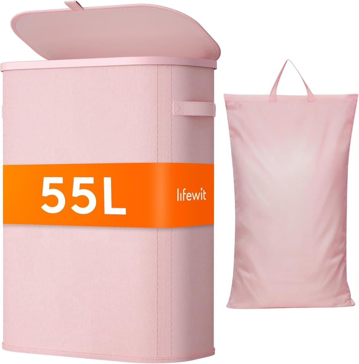 Wasmand met Deksel - Laundry Basket - Ruimtebesparend Opbergen - Verwijderbare Zakken - 55L 42x24x55cm - Roze — afbeelding 1