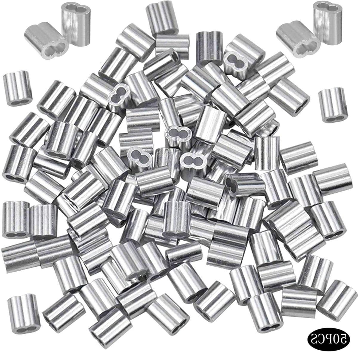 Dailygoods- Draadkabel 50 Stuks - Aluminium Kabeldraad - Zilveren Krimpring-Hulsklem - Geschikt voor Hondentouw/Waslijn - Diameter 8 mm - Laag Gewicht/Hoge Prestaties - Staaldraad — afbeelding 1