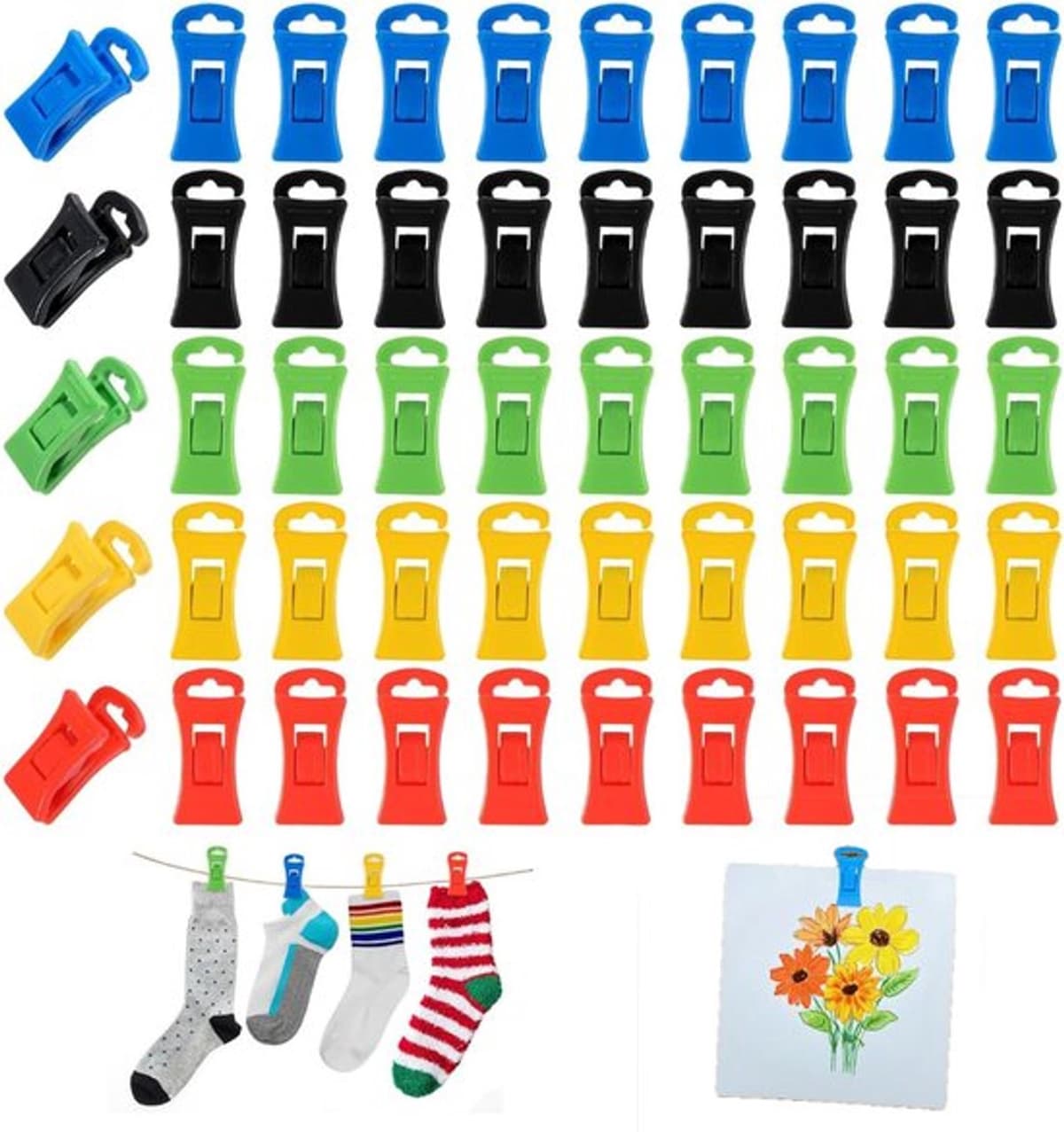 Daity 50 stuks - Sokkenklemmen voor wasgoed - Antislip wasknijpers - Waslijnknijpers, 5 kleuren - zwart, rood, geel, blauw, groen 2,8 cm — afbeelding 1