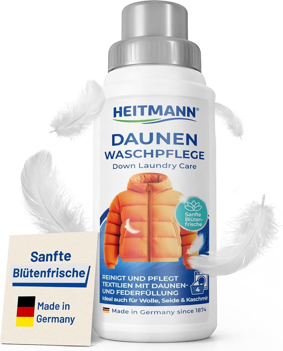 HEITMANN Donswasverzorging 250 ml, vloeibaar wasmiddel voor natuurlijke donsbescherming, donswasmiddel voor zachte reiniging van dons, wol, kasjmier en zijde, behoudt vulkracht en warmte — afbeelding 1