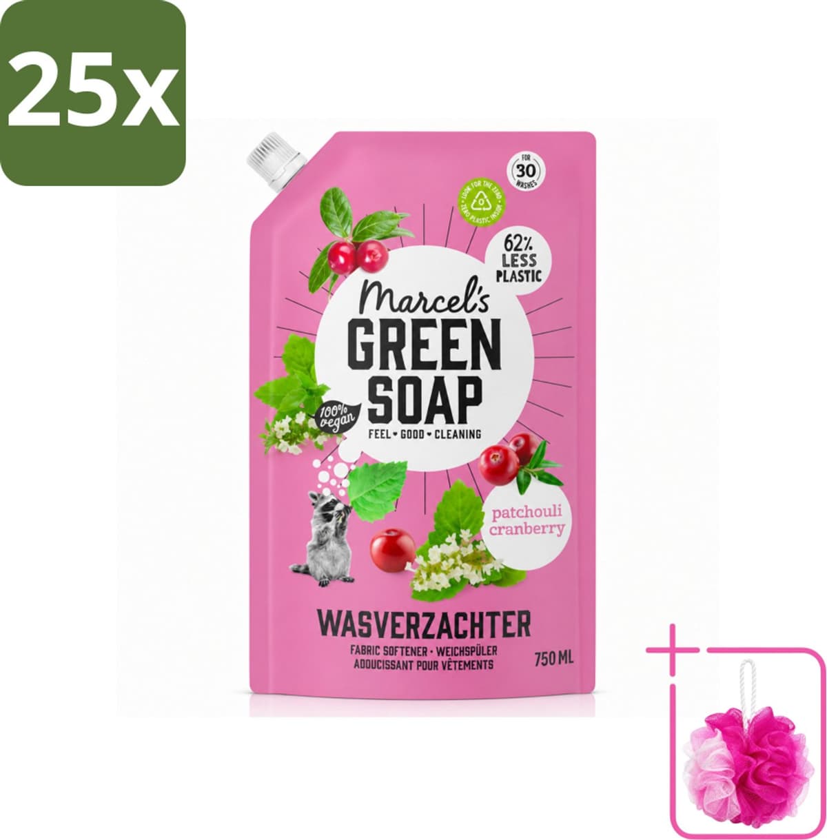 25 x Marcel’s Green Soap – Wasverzachter – Patchouli & Cranberry - Navulling – 750 ml - Bulkverpakking - Wasverzachter - Douchemop - Navulling — afbeelding 1